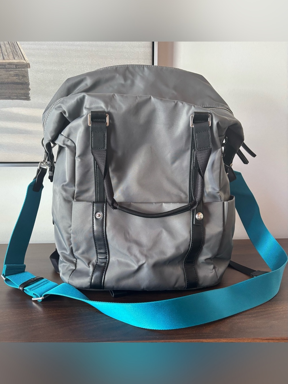 Samsonite and SJP Convertible Backpack in Gray with Teal Strap